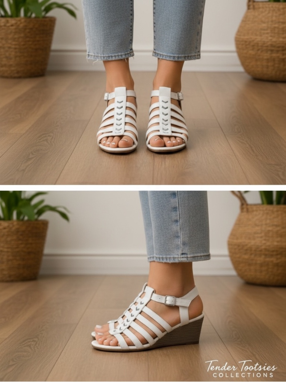 Tender Tootsies Collections White Strappy Faux Leather Wedge Sandals Size 10